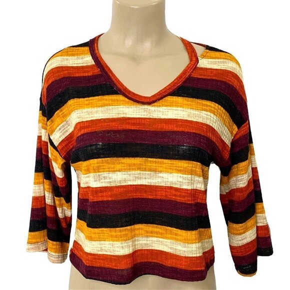 Good Luck Girl Cut Out Loose T Tee Shirt size Large Mustard Striped Ribbed Knit - Picture 3 of 9